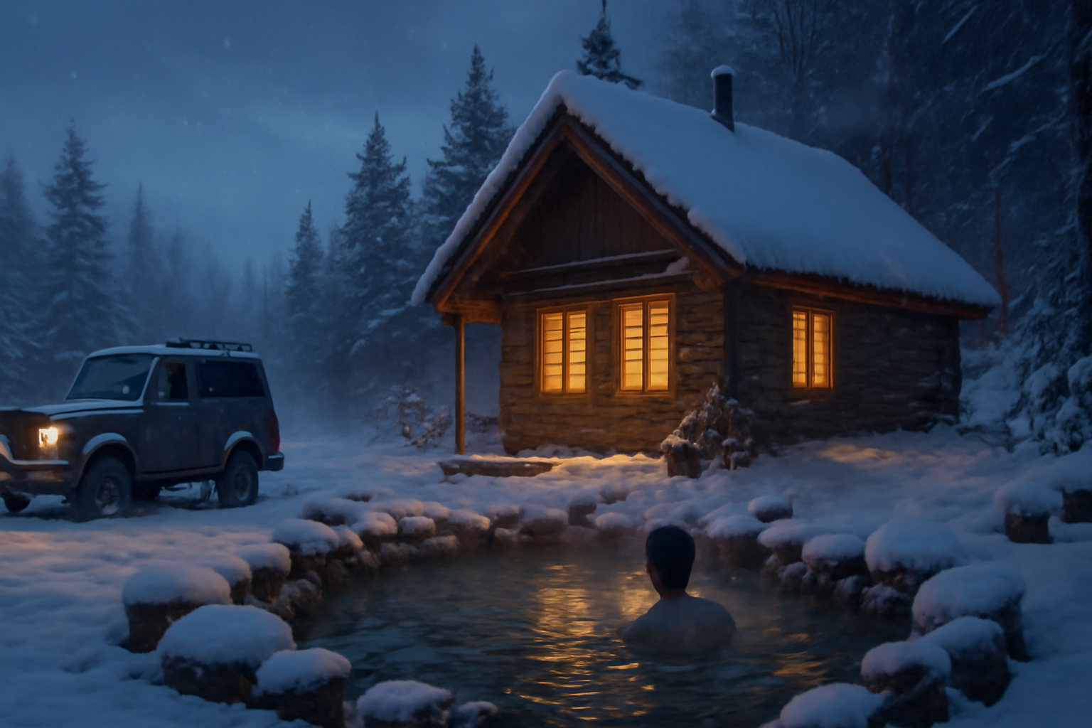 キャンプジープ 冬の荒天時はコテージに避難し温泉で暖を取る安全な様子を示す写真