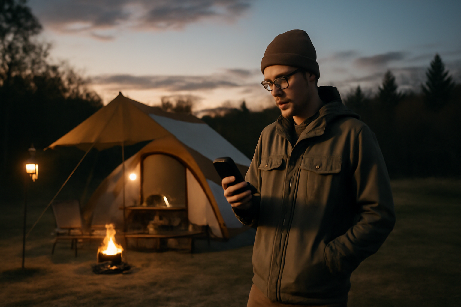 スノピ 落ち着いて在庫や天候を確認するキャンプ前の買い物シーン。夕暮れのサイトでスマホを持つ姿を横長で