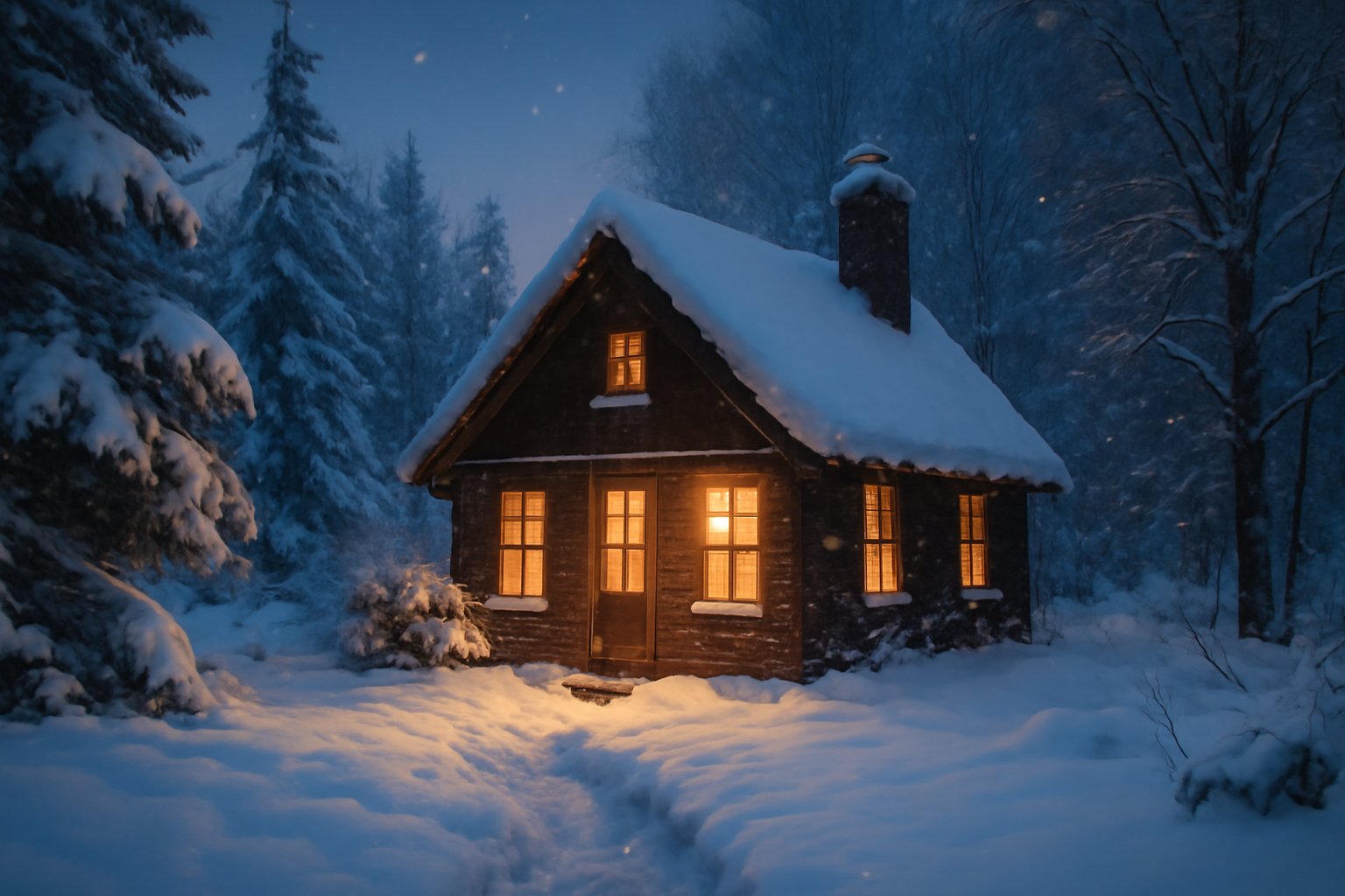 テント 冬の夕暮れ、雪の中にあるコテージへの避難を想起させる温かい光と雪景色の広角写真