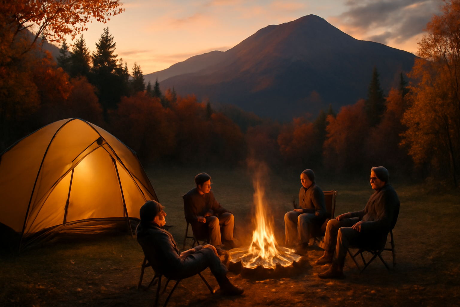 キャンプ 白山の夕暮れ、荒天時は温泉に切替える選択肢を示す穏やかなリラックス風景。