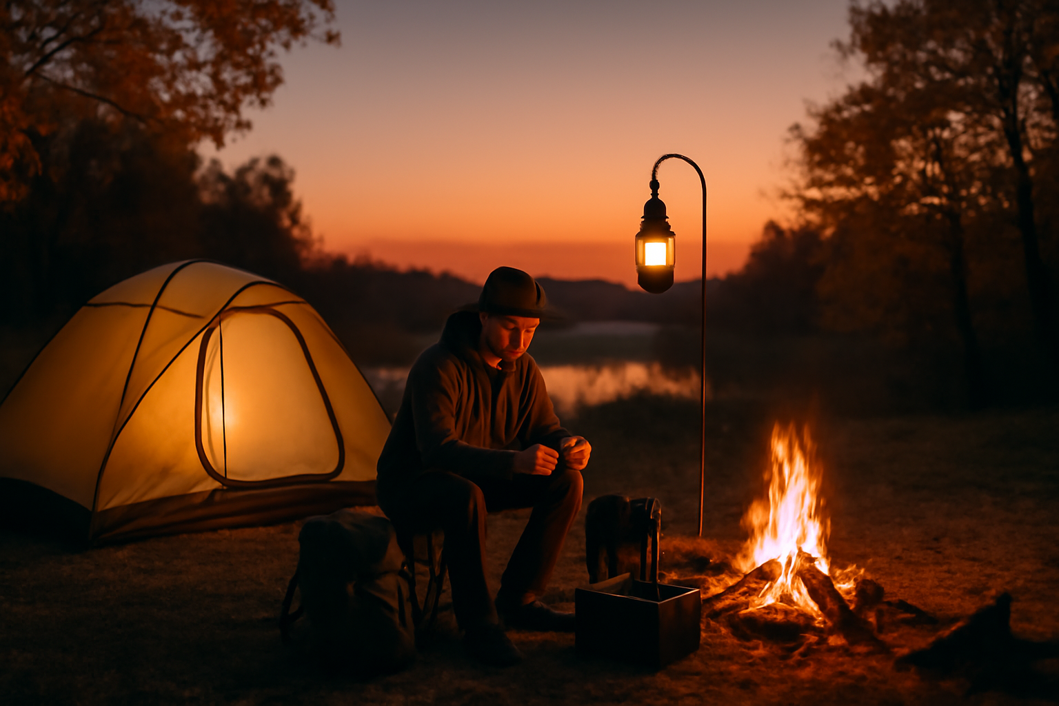 トリプルライト — 秋の夕暮れ、チェックをする様子を写したキャンプ場の風景。準備の安心感を示す構図
