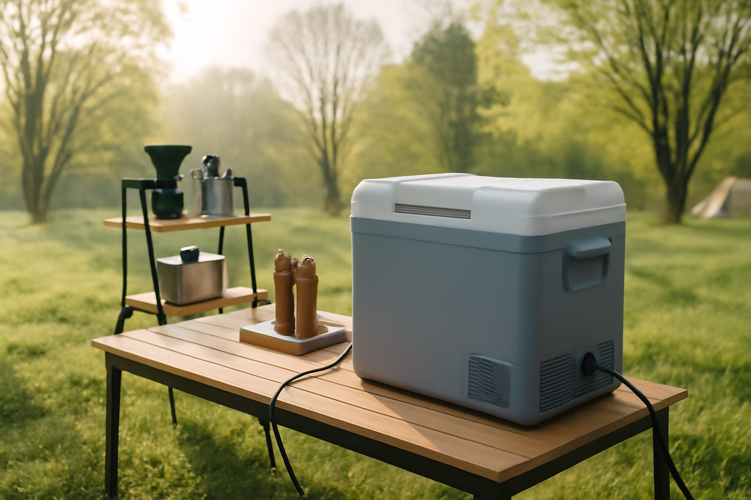 クーラーボックス：朝のキャンプ場で電源接続し保冷する様子を示す画像、軽やかな朝の光の中で