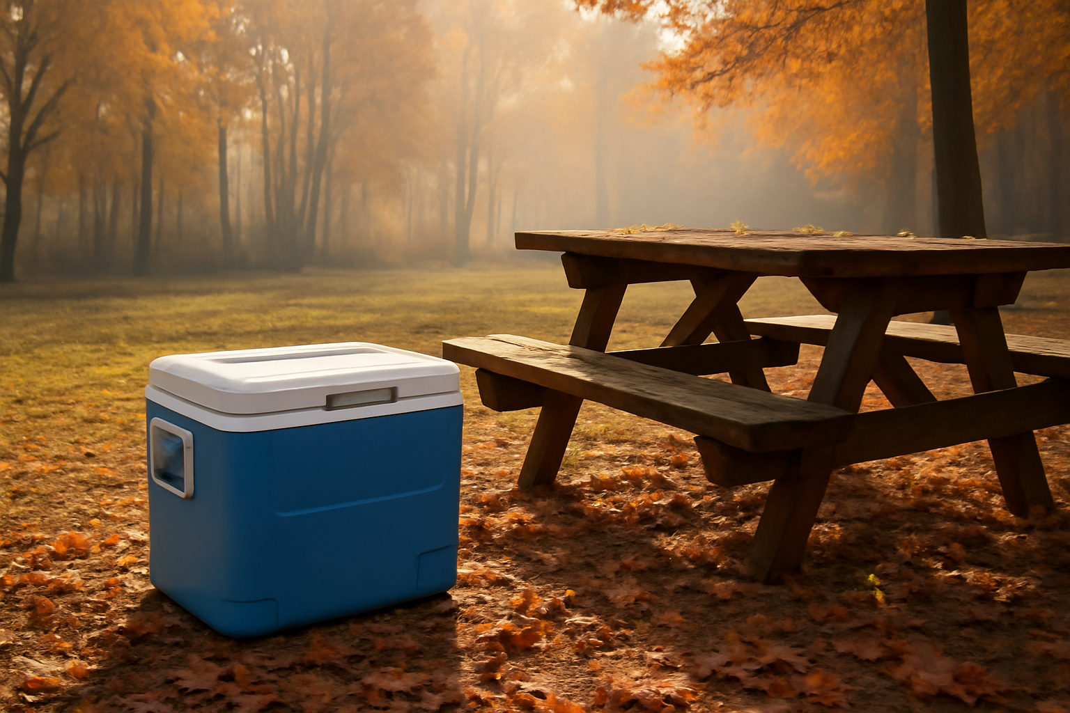 クーラーボックス 秋の朝、ピクニックテーブル脇に置かれ食材を安全に保存する様子を示す写真