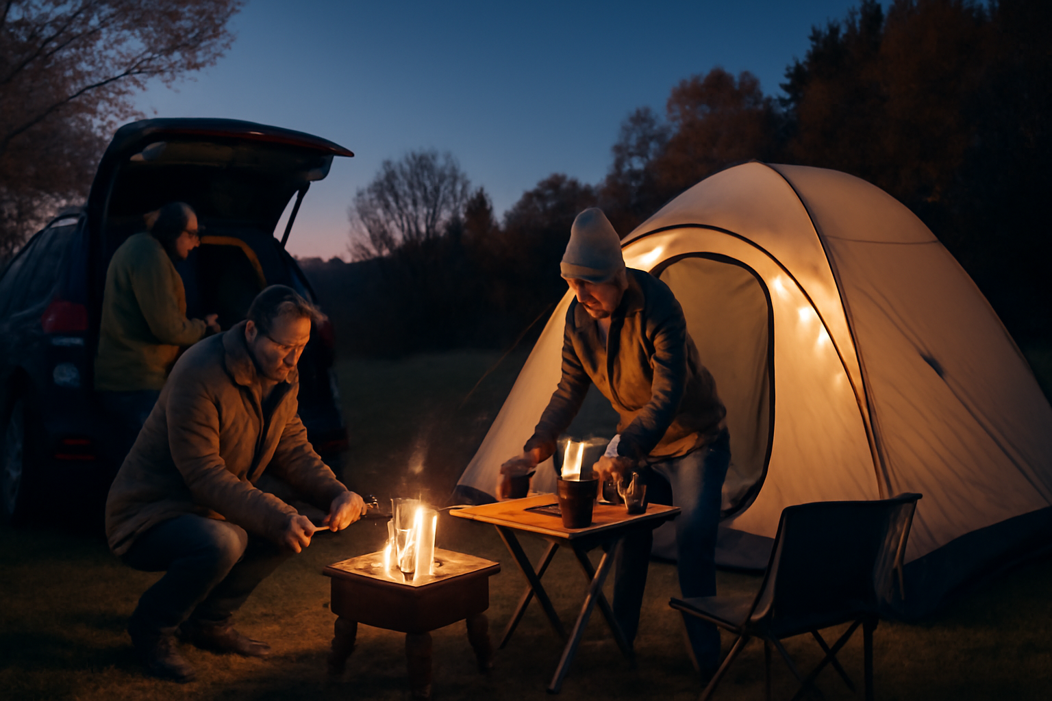 キャンプ:夜の装備を整える場面。安全を考えた準備で、荒天時は屋内や車中泊を選ぶイメージ