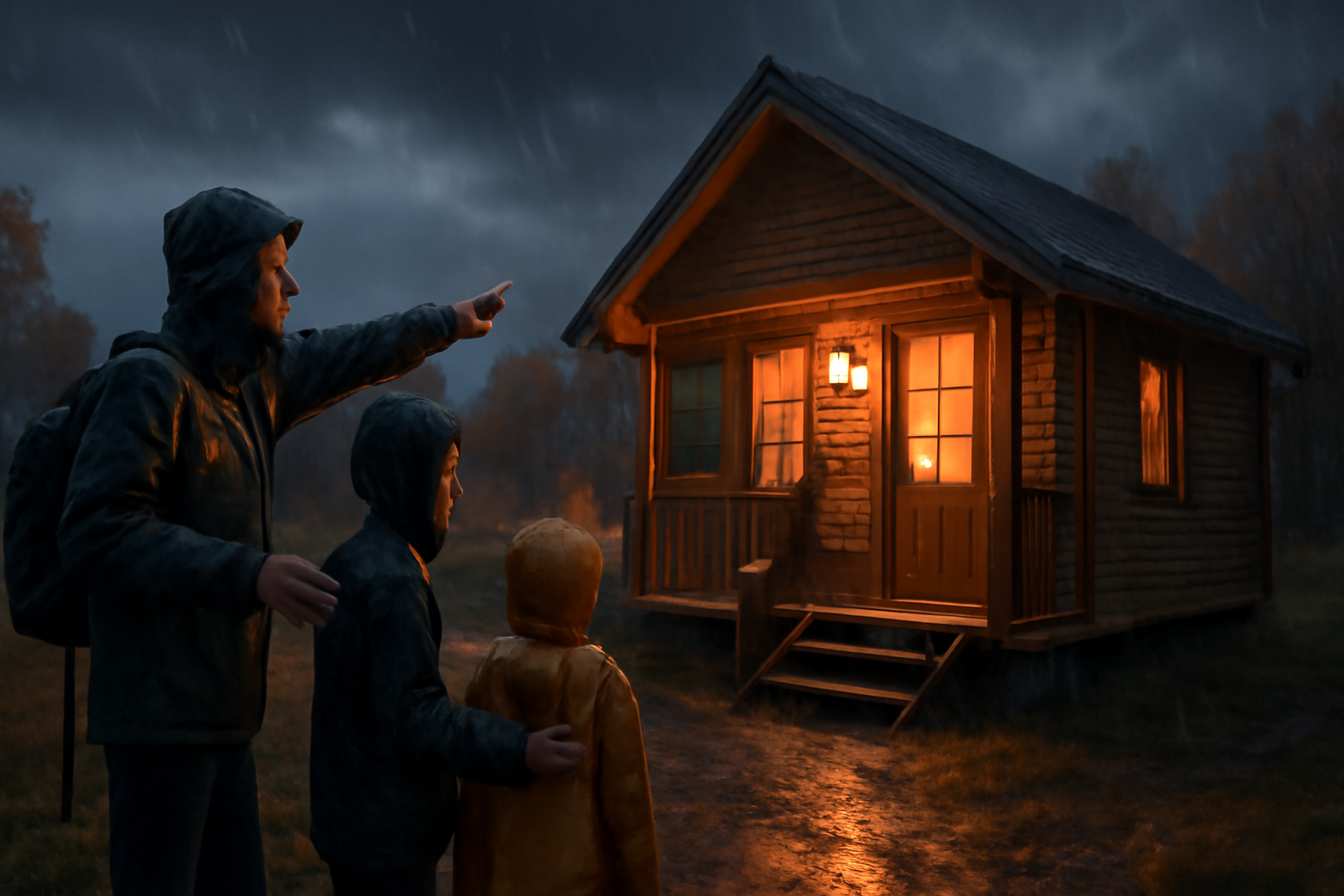 キャンプ場 荒天時に無理せずコテージへ切替える判断を示す家族の情景。安心して代替を選ぶ様子