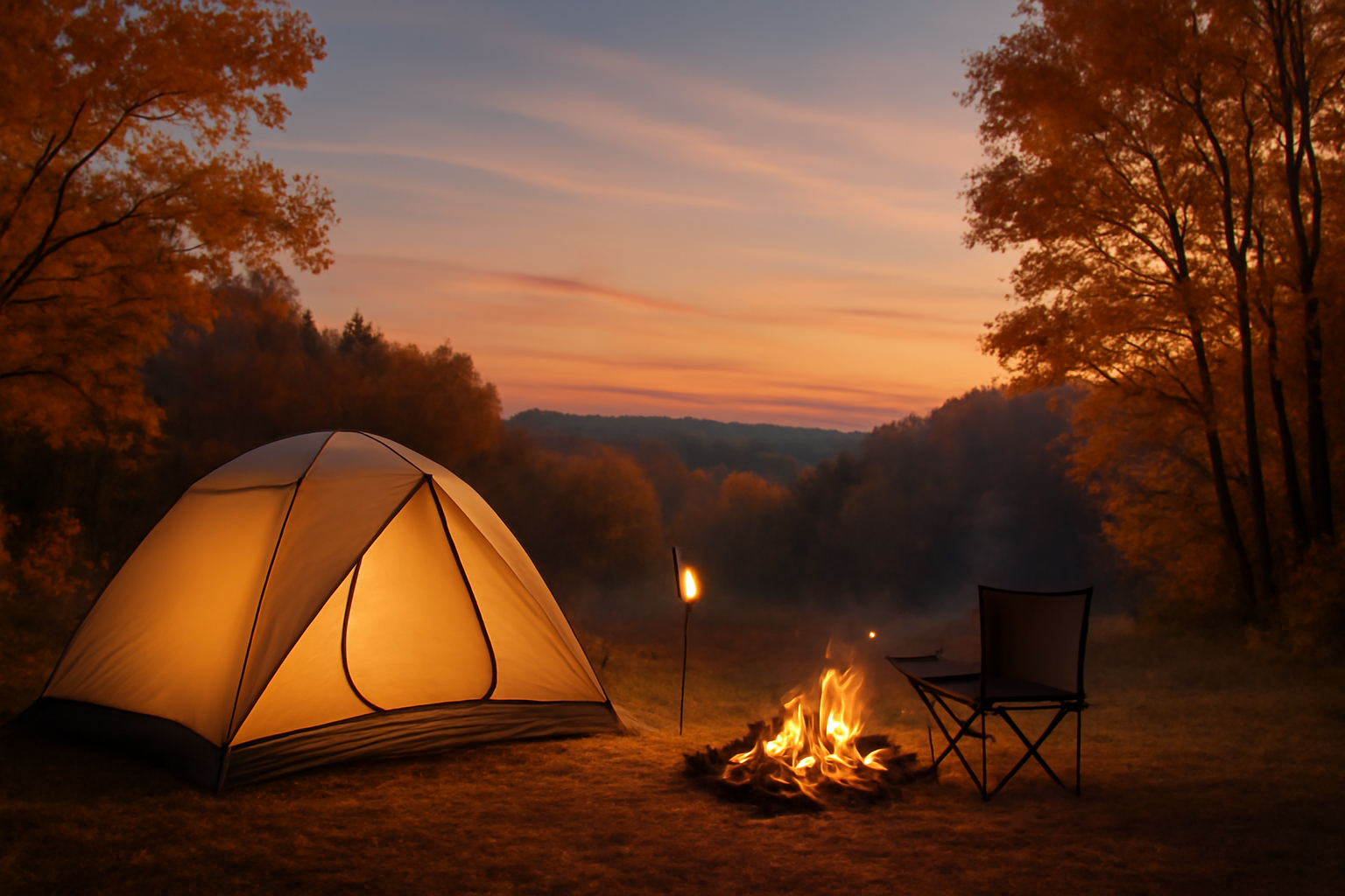 キャンプ 秋の夕暮れに安心して切り替えられる手ぶらプランや宿泊代替の提案を表すビジュアル