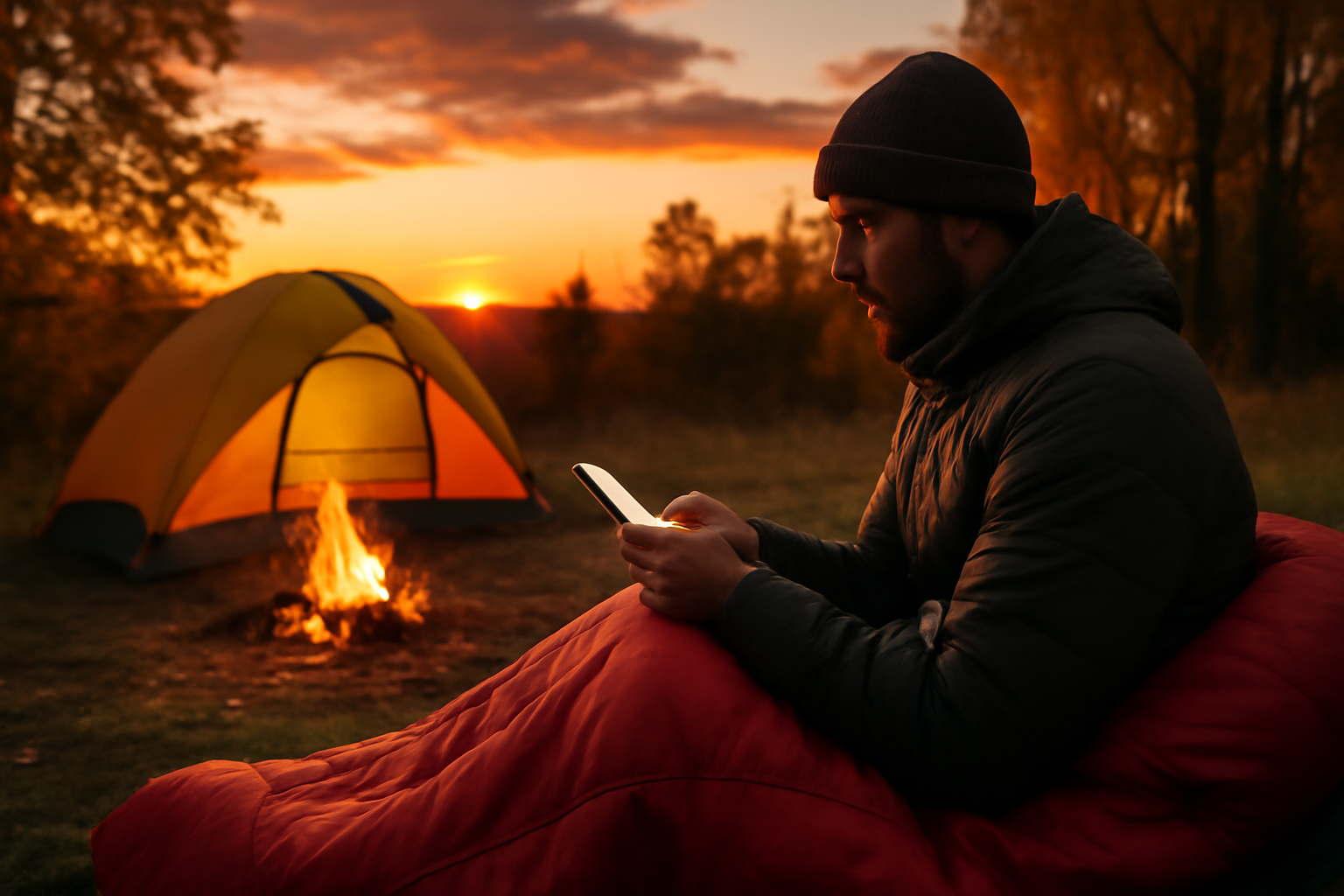 寝袋 セール在庫をスマホで確認するキャンプ場の夕暮れ風景、在庫確認の大切さを表現