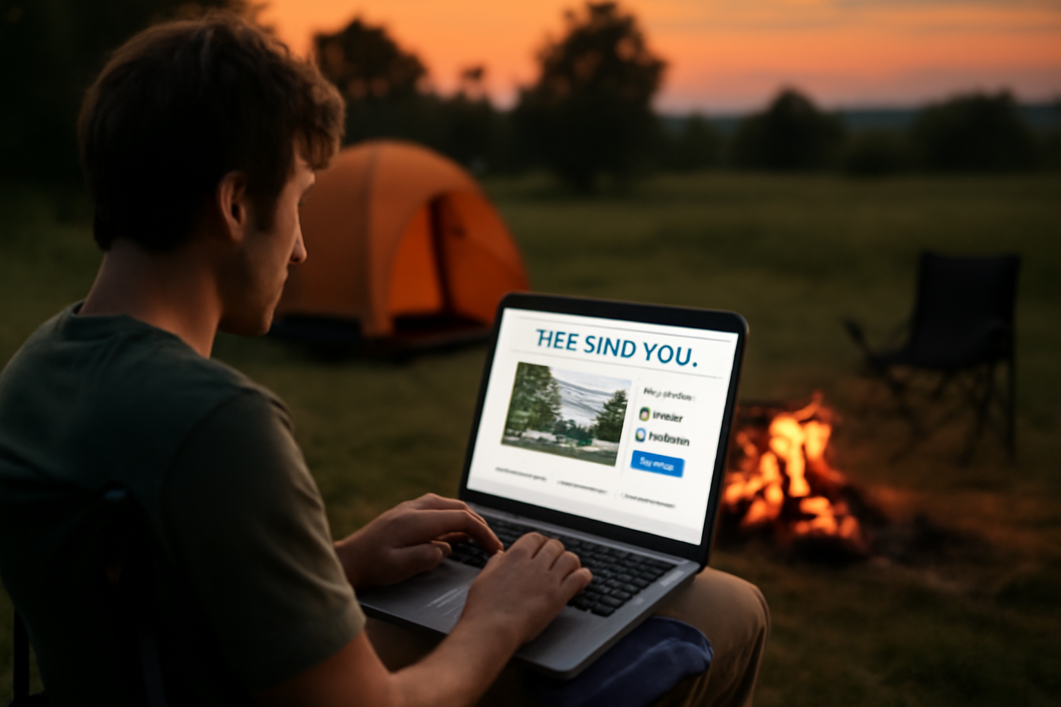 ベストナのプロジェクトページを屋外で確認する人物、夕暮れのキャンプサイトでラップトップを使う様子
