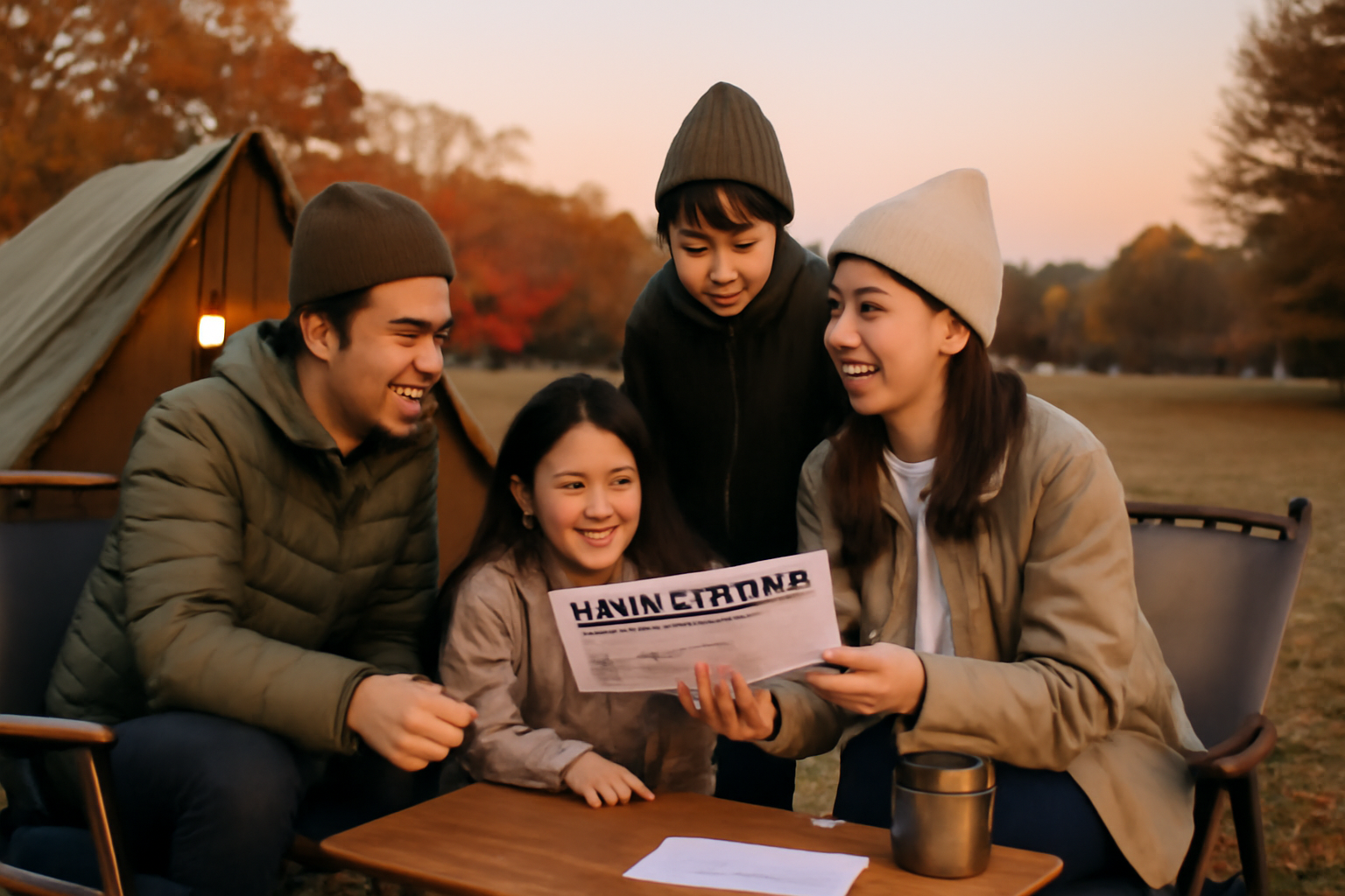 キャンプ 楽天トラベルとふるさと納税で安心して旅を楽しむための準備風景。秋の夕暮れ、広いキャンプサイトで計画を確認する家族の様子。