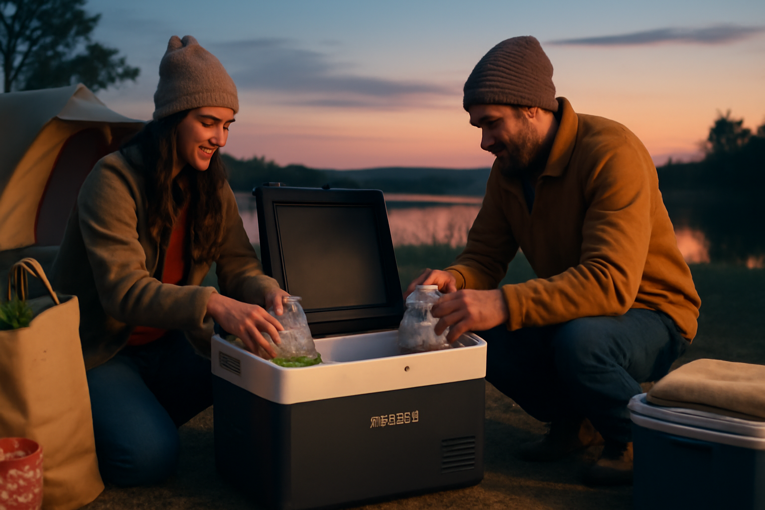 冷凍庫 Ankerを使って夕暮れに食材を整理するキャンプの一場面。買い物袋や保冷容器を整頓し、使いやすさが伝わる構図