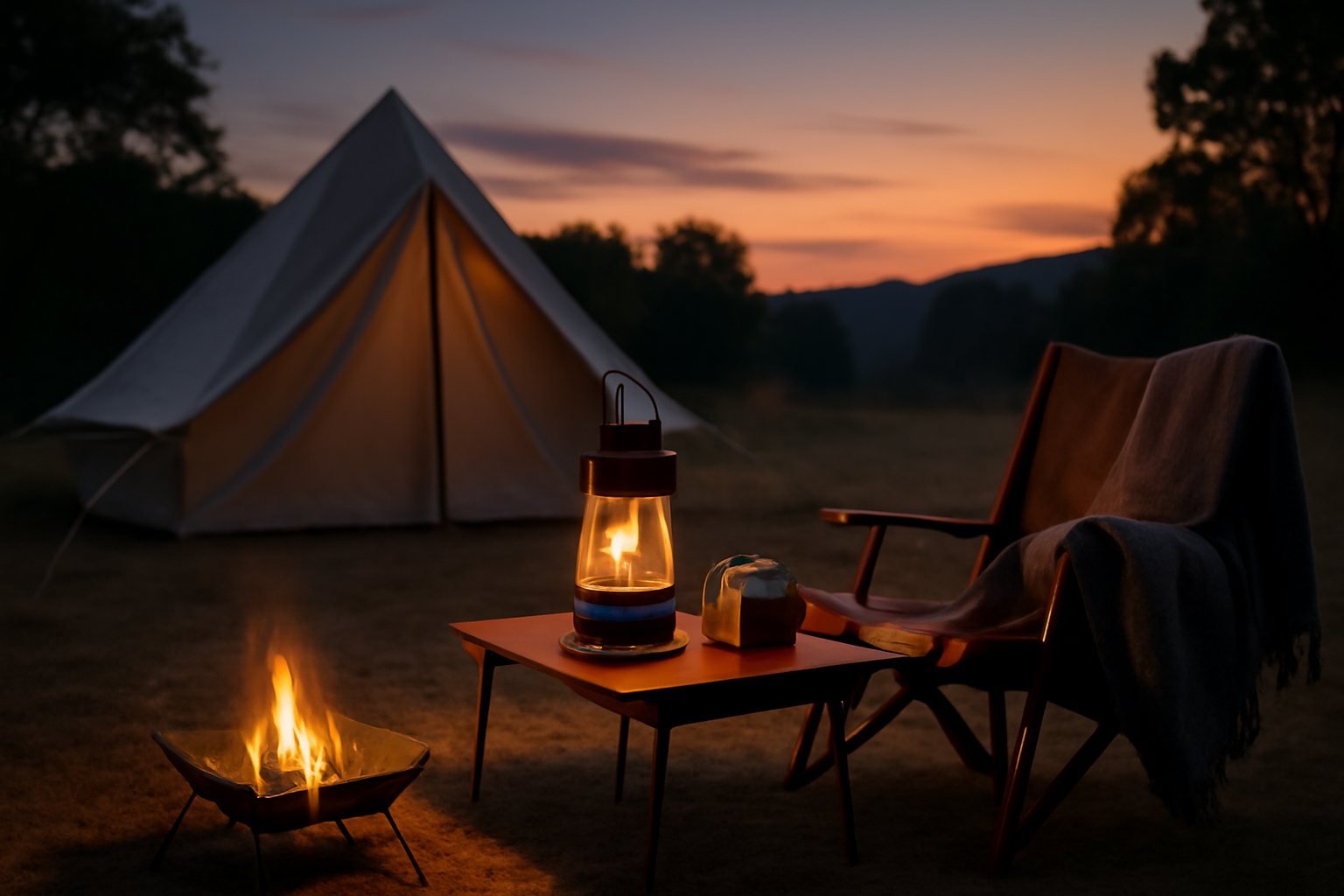 キャンプ用品 夜に備えてランタンや防寒具を準備する様子を表した画像。夕暮れのサイトで落ち着いた雰囲気。