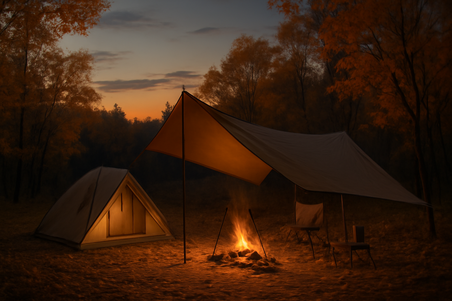 タープ張り 夜の前に風と地面を確認して安全を最優先にする一言を視覚化した画像