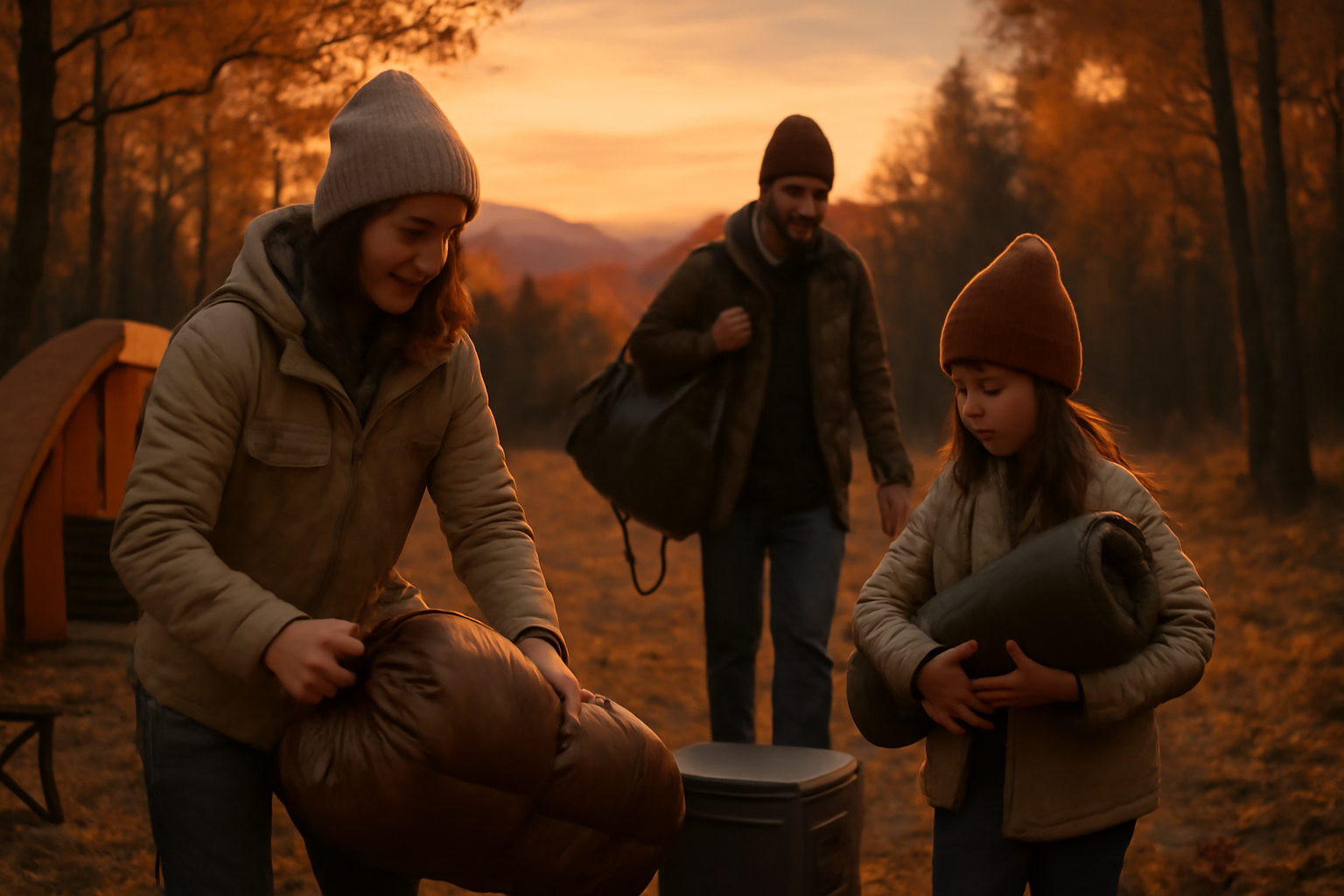 キャンプ服:次の行動に向かう場面を描いた夕暮れのキャンプ。準備を整え気持ちが切り替わる優しい一瞬を表現しています。