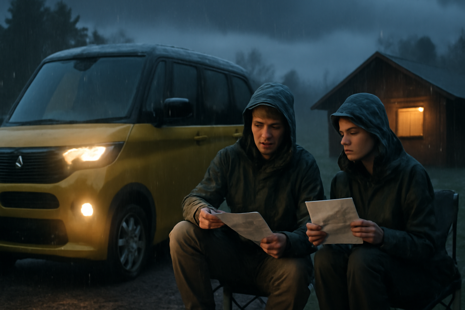 デリカミニ　悪天候時の代替案を検討する様子。雨天時の車内待機やコテージ切替えを想定した風景。