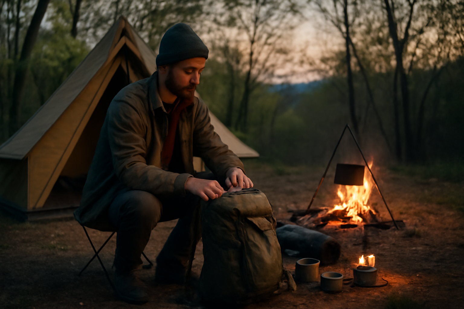 キャンプ用品：次の行動をやさしく後押しする場面を描いた、春の夕暮れキャンプサイトで装備を整える様子の説明