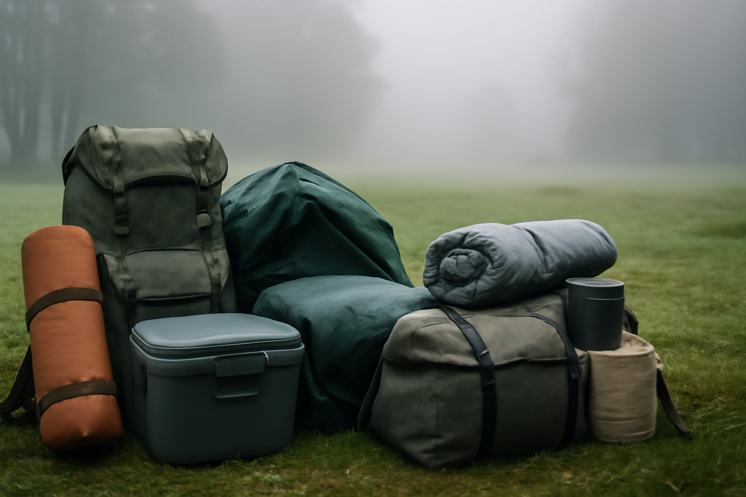 RECAMP 富士:雨天時の代替案として屋内施設へ切替えを視覚化した、霧の朝に装備をまとめる場面