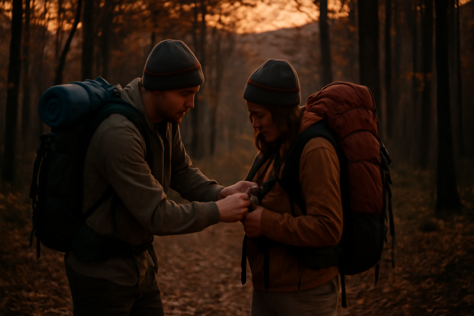リュック 夕暮れの森で荷物を調整するキャンパーの様子、落ち着いた光と自然の雰囲気を伝える画像