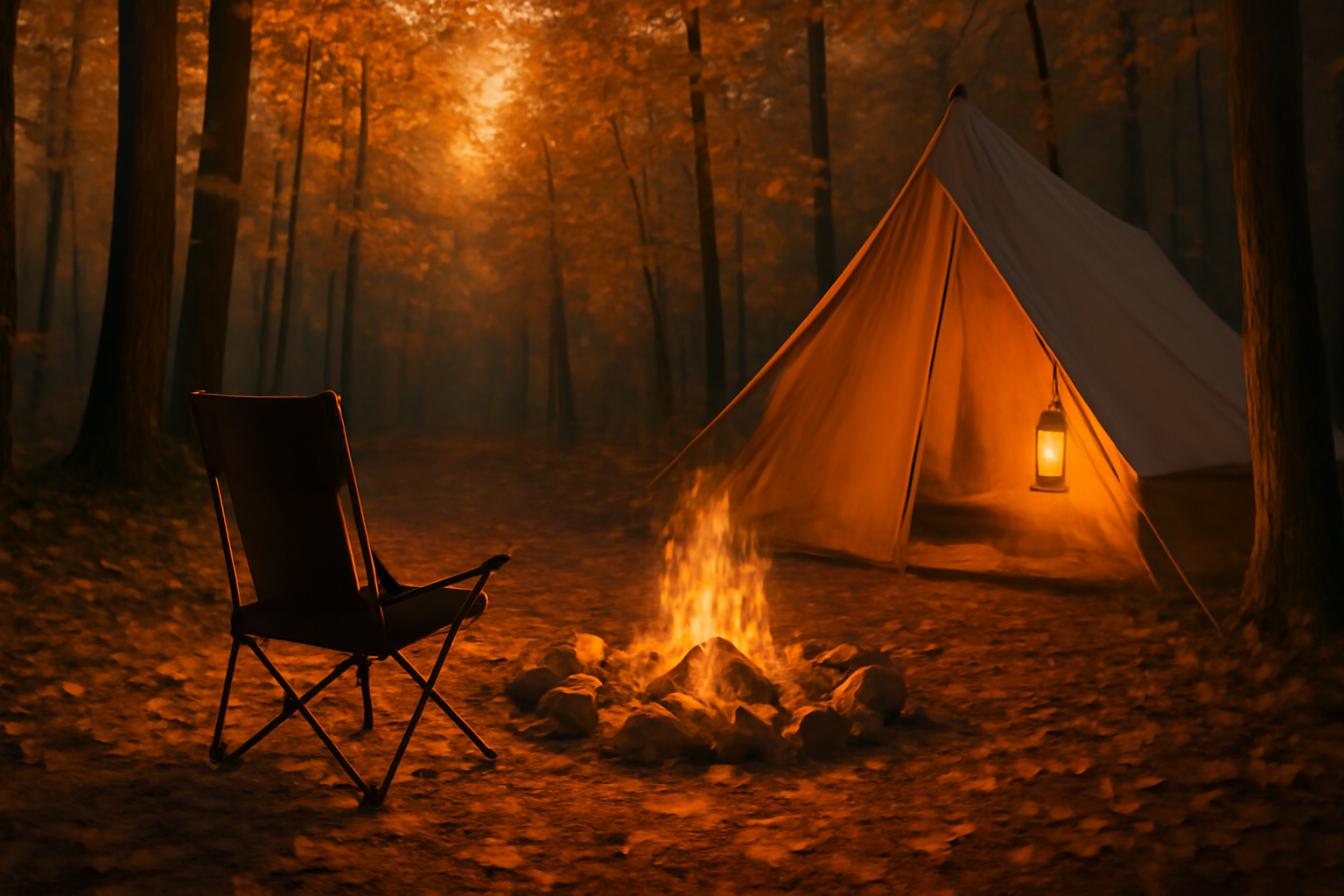 チェア 次の行動にやさしく背中を押す一言を視覚化した夕暮れの森のキャンプ場風景