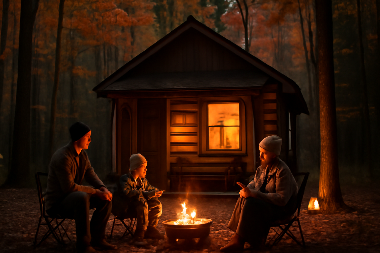 キャンプ DOD×CIAOPANICの服で落ち着いた夕暮れの森、小さなキャビン前で暖かく過ごす家族のイメージ写真を示します。