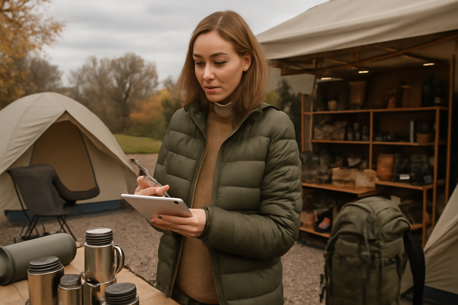 キャンプ用品 落ち着いて優先順位を決める買い物風景。秋の朝、曇天の屋外ショップで広角撮影。