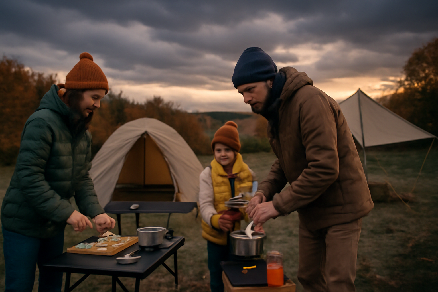 帯アレンジ:荒天や混雑時の代替案を持つ家族の秋キャンプ、夕暮れの曇り空で準備を整える様子