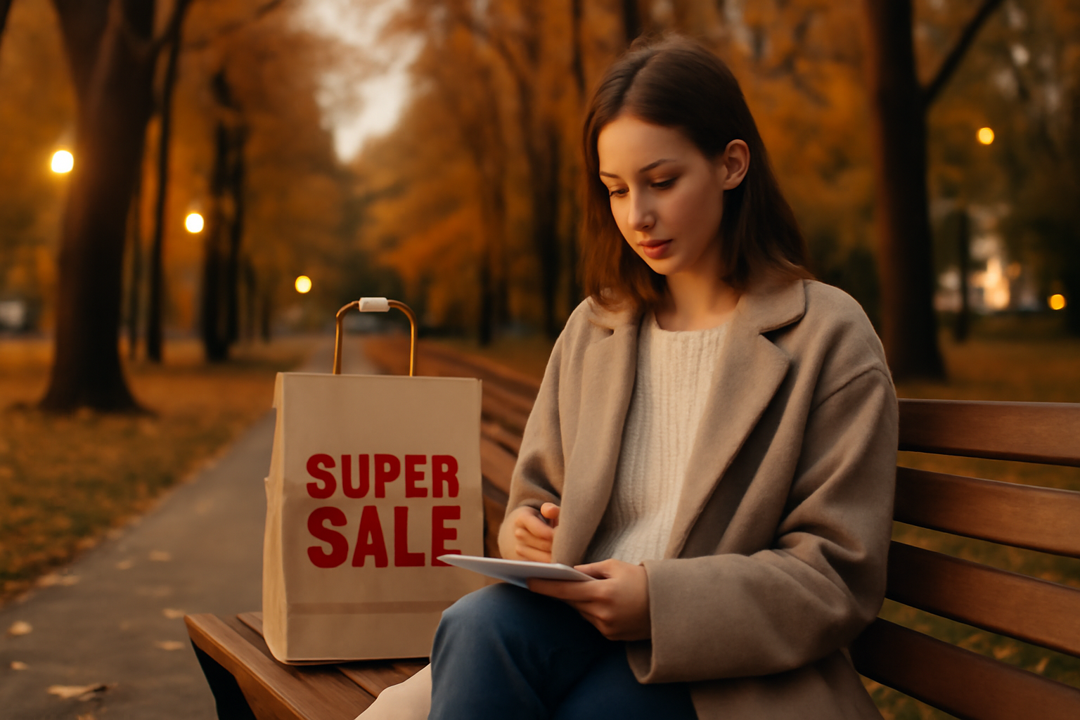 スーパーSALE 落ち着いて優先順位を決める買い物風景。公園の夕暮れに座ってメモする様子を広角で