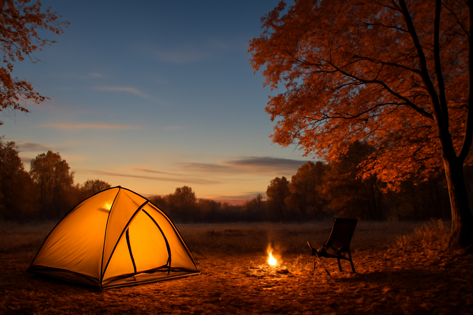 縄文キャンプ:悪天時は無理せず代替案を選ぶというアドバイスを視覚化した夕暮れのキャンプ場風景