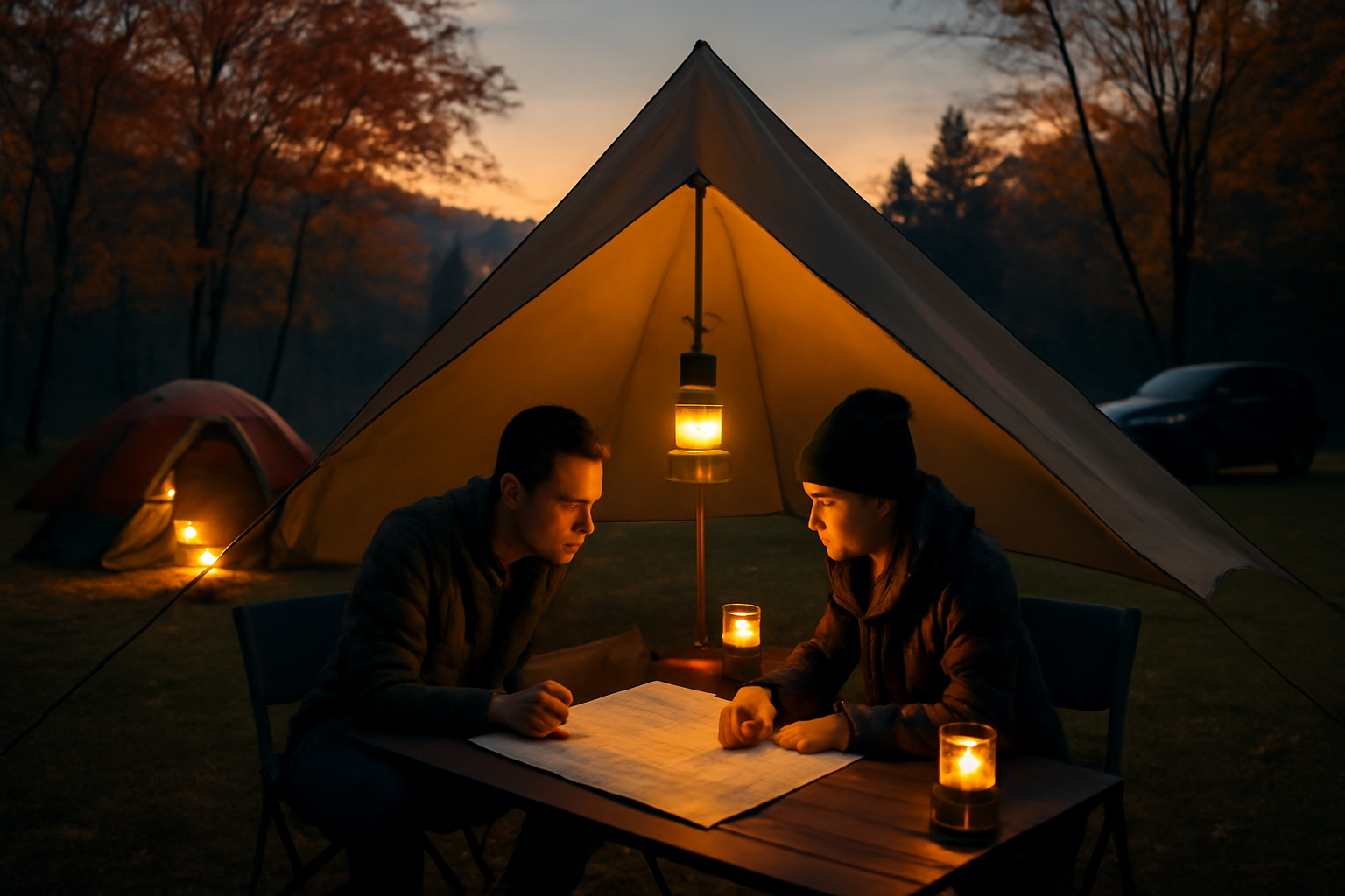 RECAMP 富士スピードウェイで荒天時の代替プランを検討する様子を表現した夕暮れの写真