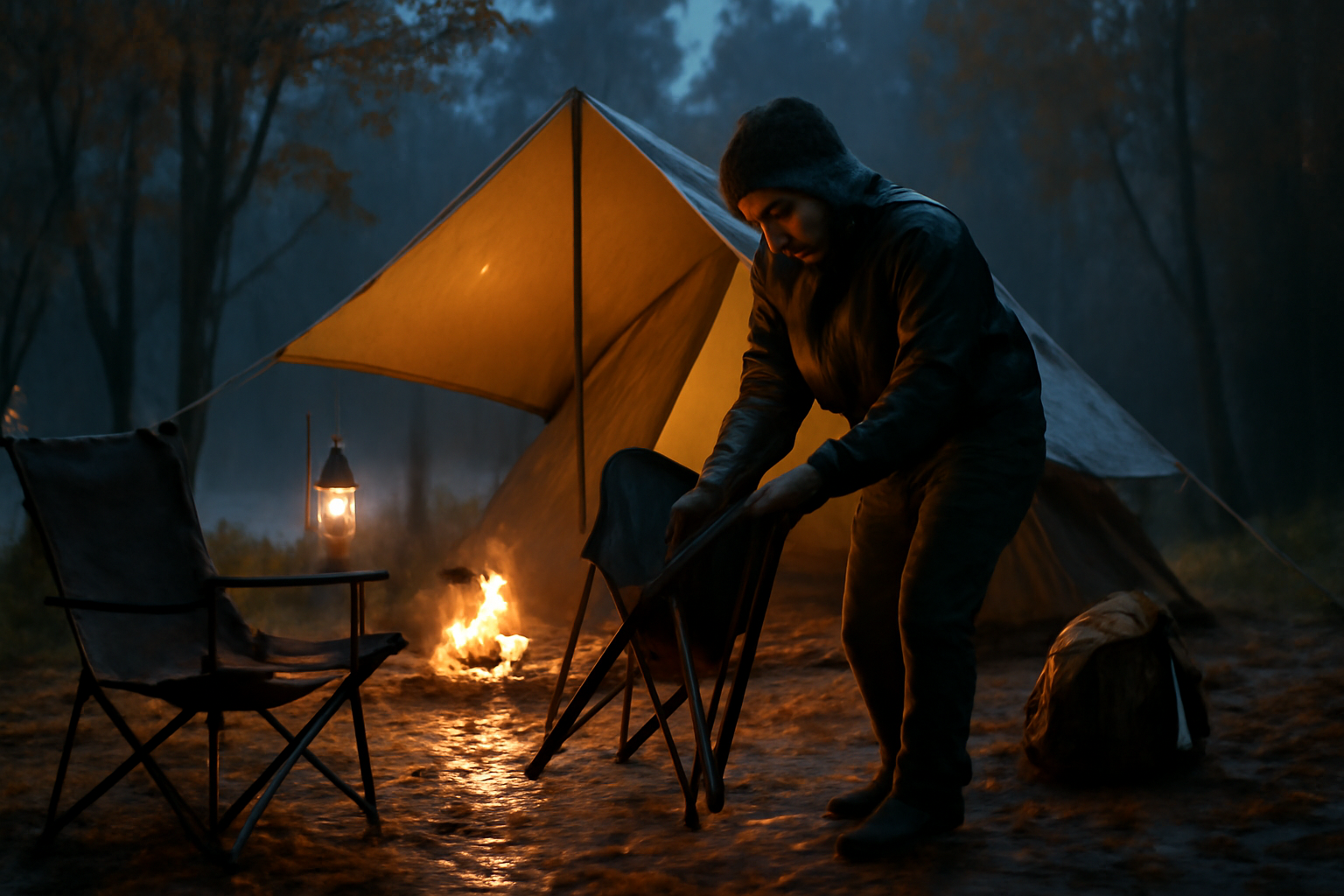 チェアが雨天での撤収を穏やかにする様子。急な天候変化時にチェアを片付ける安全で落ち着いたワンシーン