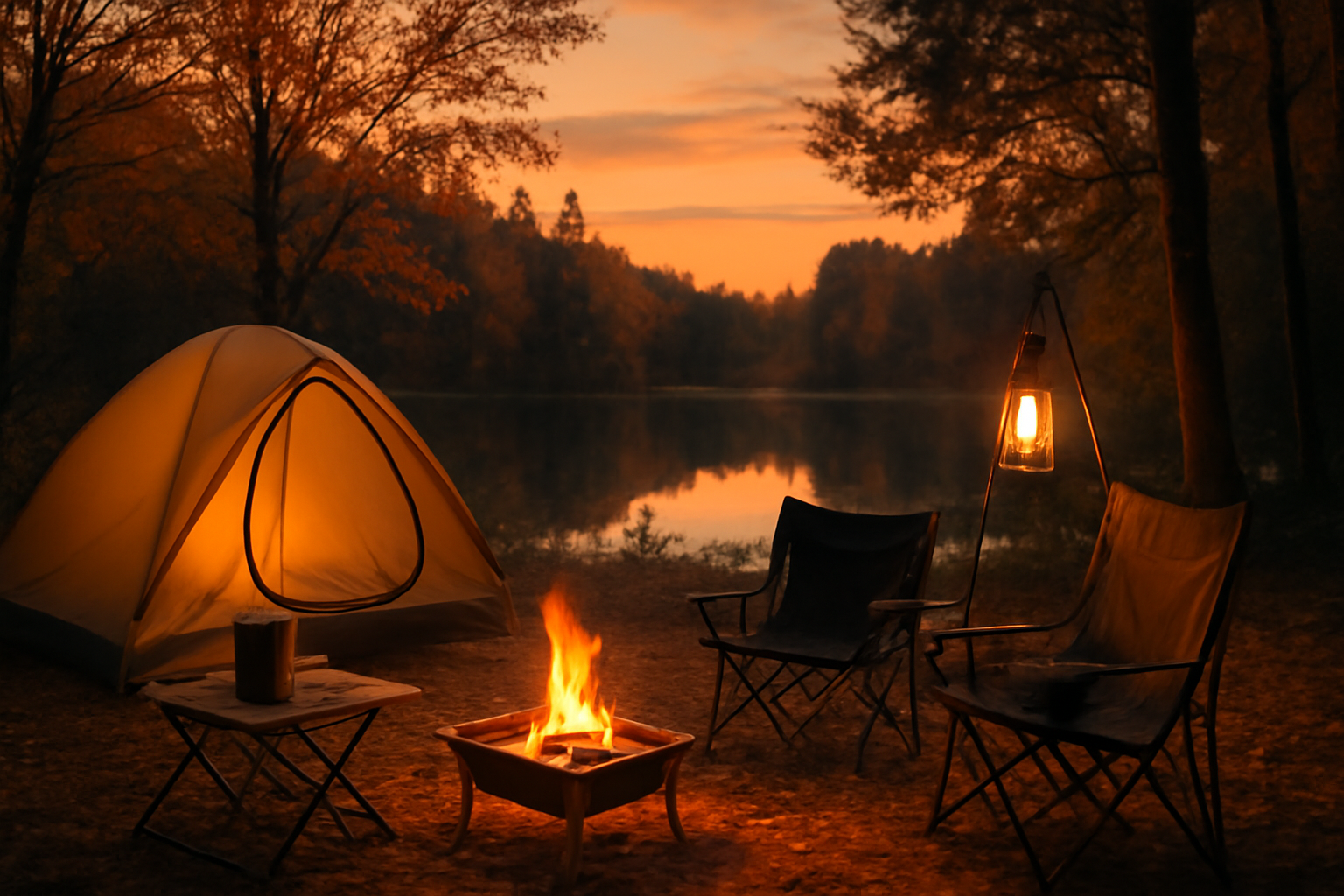 Bestona 先行販売情報を踏まえた、秋の夕暮れに落ち着くキャンプのイメージを示す画像