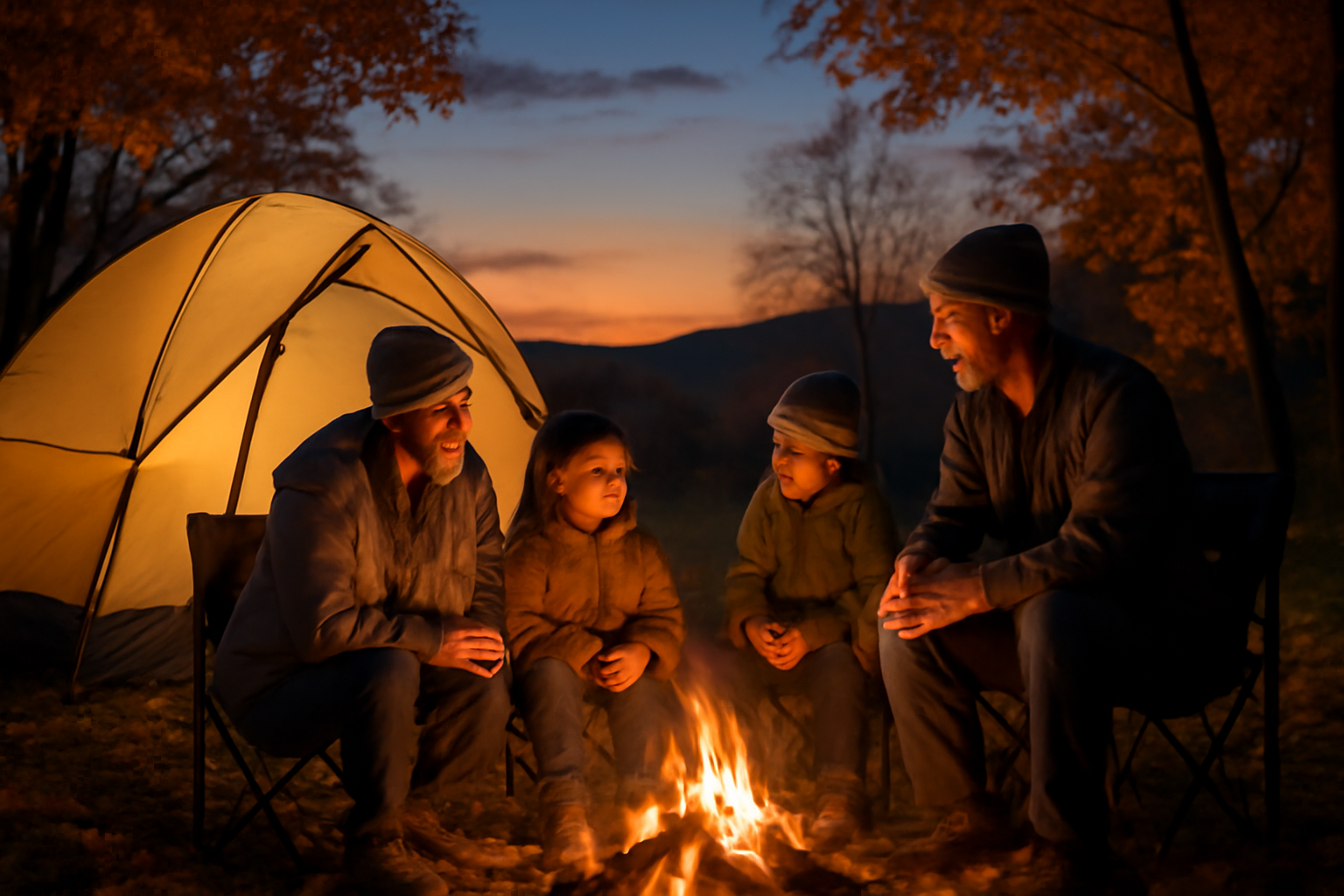 テント 夕暮れのキャンプ場で優しく語りかけるようなナイトシーン、家族が暖かく過ごす様子を表現
