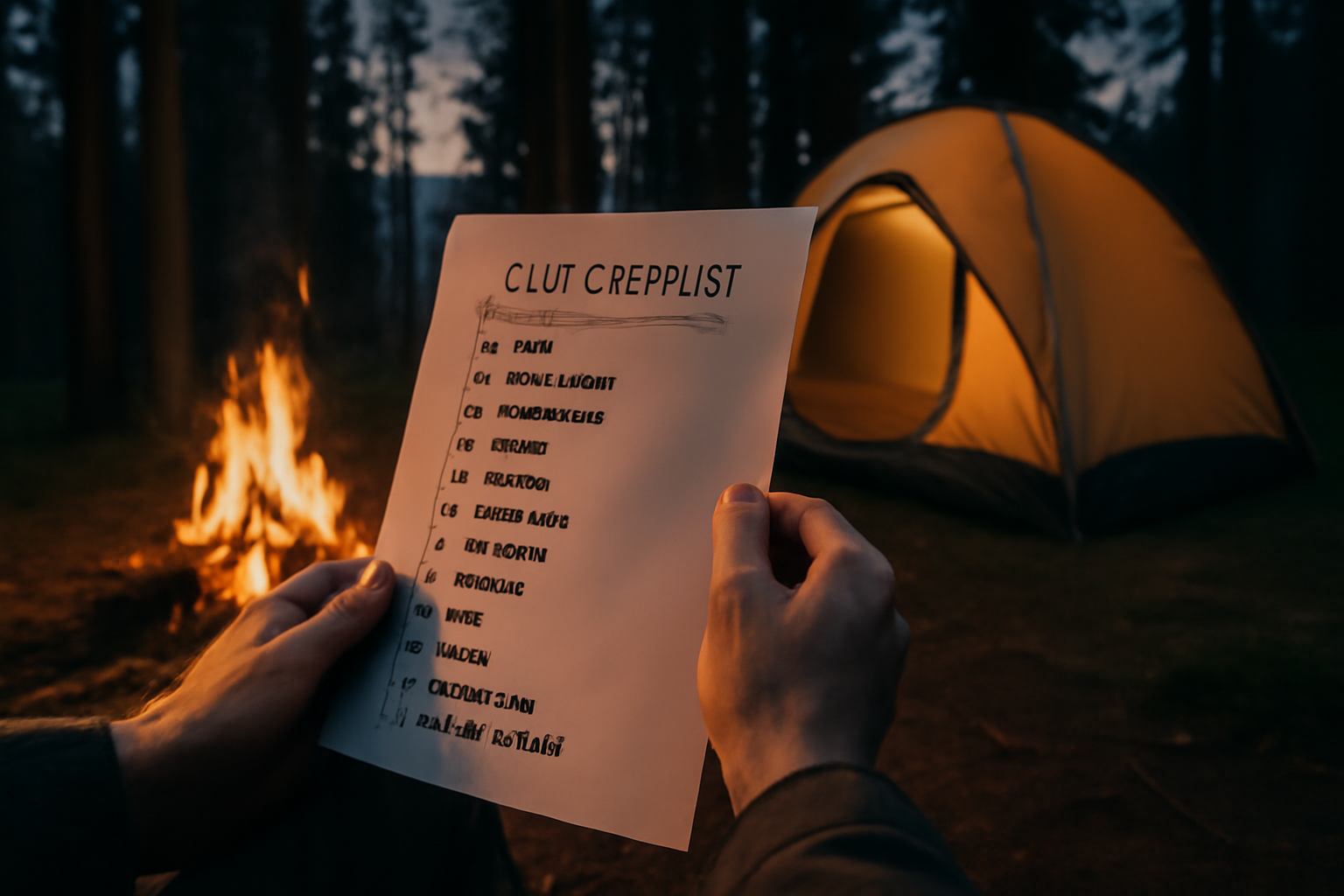 キャンプ 装備リストを見直して無理せず楽しむことを後押しする情景。夕暮れの森でチェックリストを確認するキャンパーの手元。