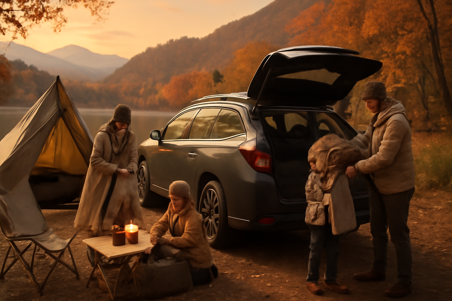 キャンプ レヴォーグでの出発前、秋の湖畔で家族がゆったりと準備する様子を示す画像。