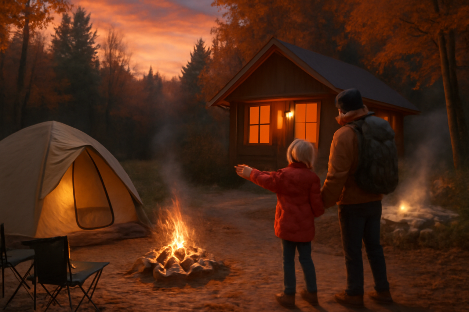 キャンプ Cotopaxiの選び方を踏まえ、悪天候時にコテージや温泉に切替える様子を示した写真。秋の夕暮れ、宿泊の代替案を視覚化しています。