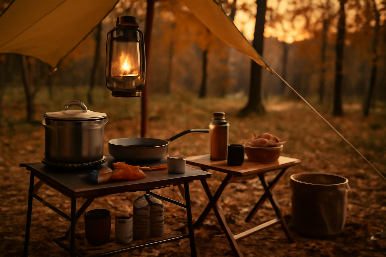 白スニーカー キャンプでの準備を促す、夜を迎える前の落ち着いた外キッチンの風景。