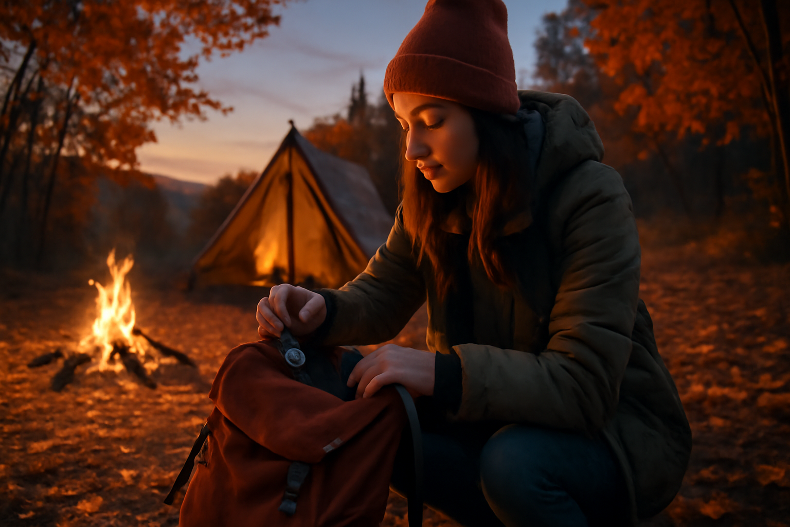 腕時計 キャンプの合間にリュックに腕時計をしまう夕暮れのオータムキャンプ風景。ワイドアングルで臨場感を表現。