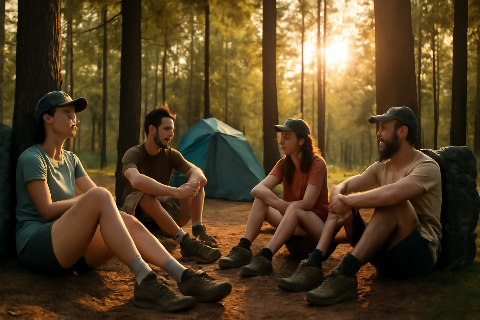 速乾T 休憩時は無理せず日陰で休もうと示すイメージ。夏の林間、夕暮れの柔らかい光で安らぐキャンパーたち。