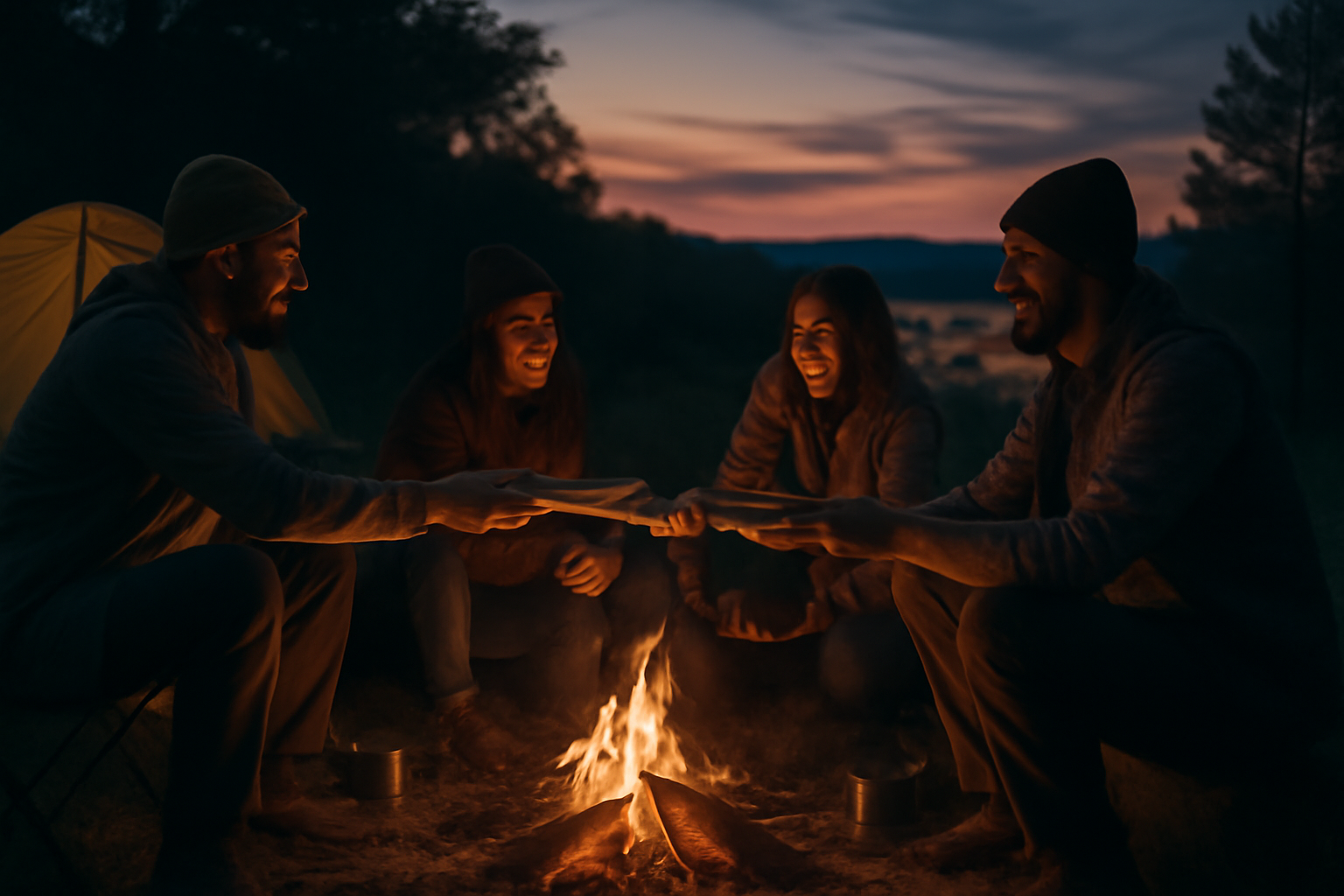 キャンプ 焚き火での感想共有を促すシーン、夕暮れの穏やかなアウトドア風景