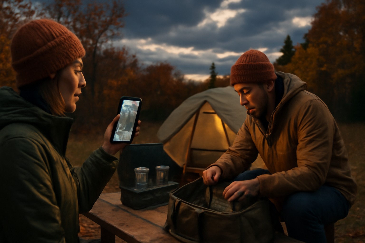 コールマンを備えたキャンプで、出発前に天候と在庫を確認する様子。荒天への準備と代替案を示す写真的場面