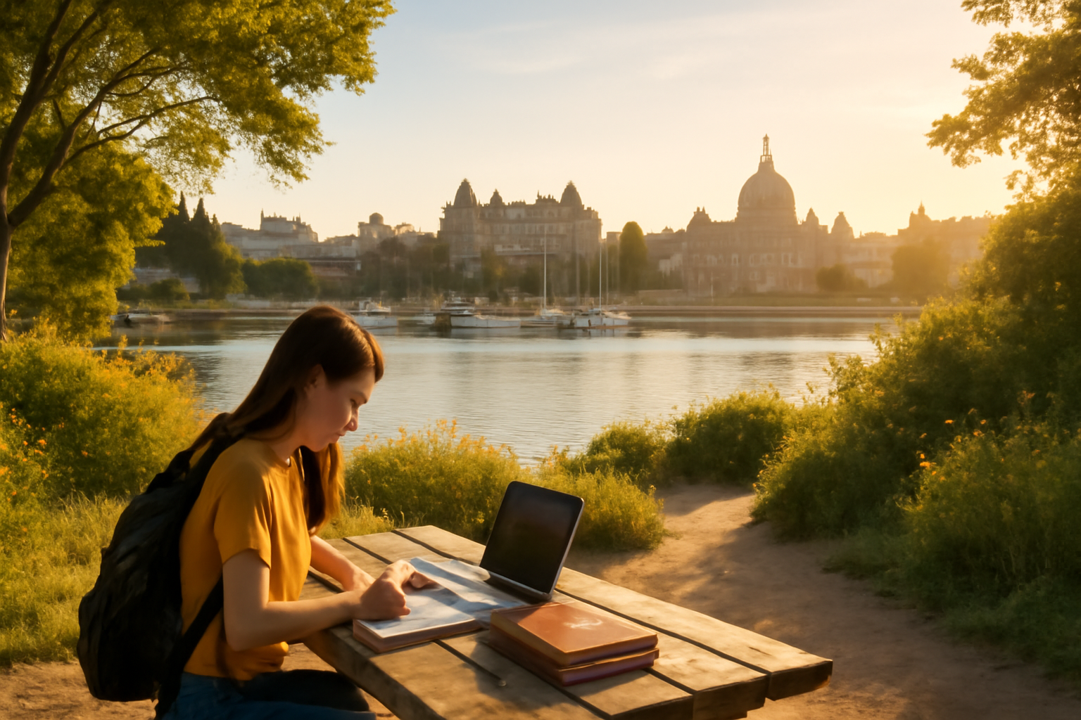 ビクトリア 留学前の準備をする学生の様子。夏の朝、広角で撮影した自然と街が調和する風景