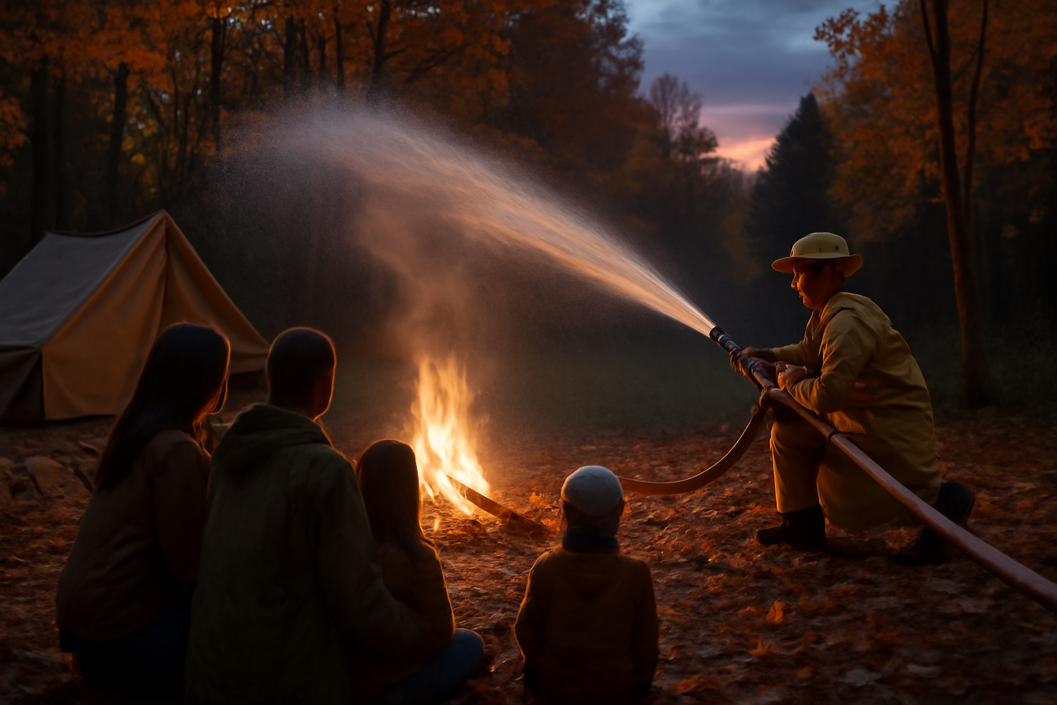 焚き火 みかさ遊園の放水と消火訓練を示す光景、秋の夕暮れ時に家族が安全に学ぶ様子