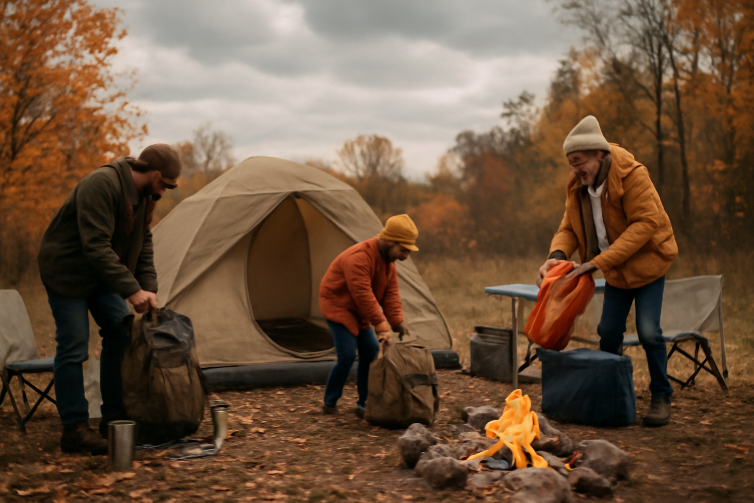 クイック 曇り空の朝、最低限の道具で落ち着いて準備する家族の様子を広角で表現した写真