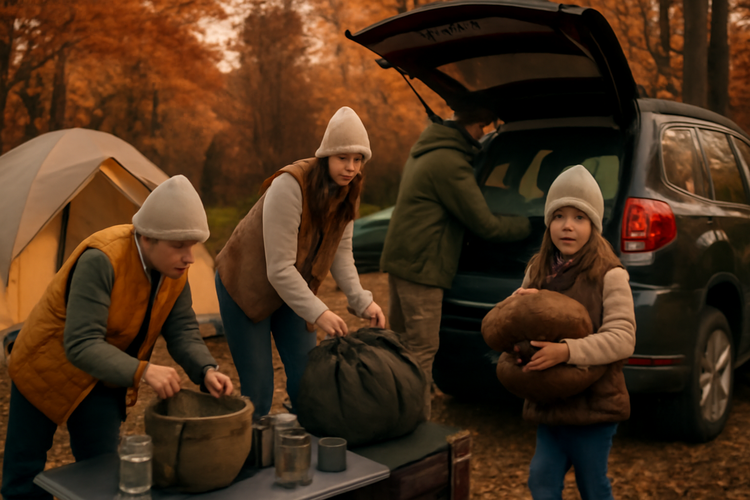 キャンプ用食器 キャンプ準備で荷物を整える様子。安全で快適なアウトドアの一場面を描く画像。