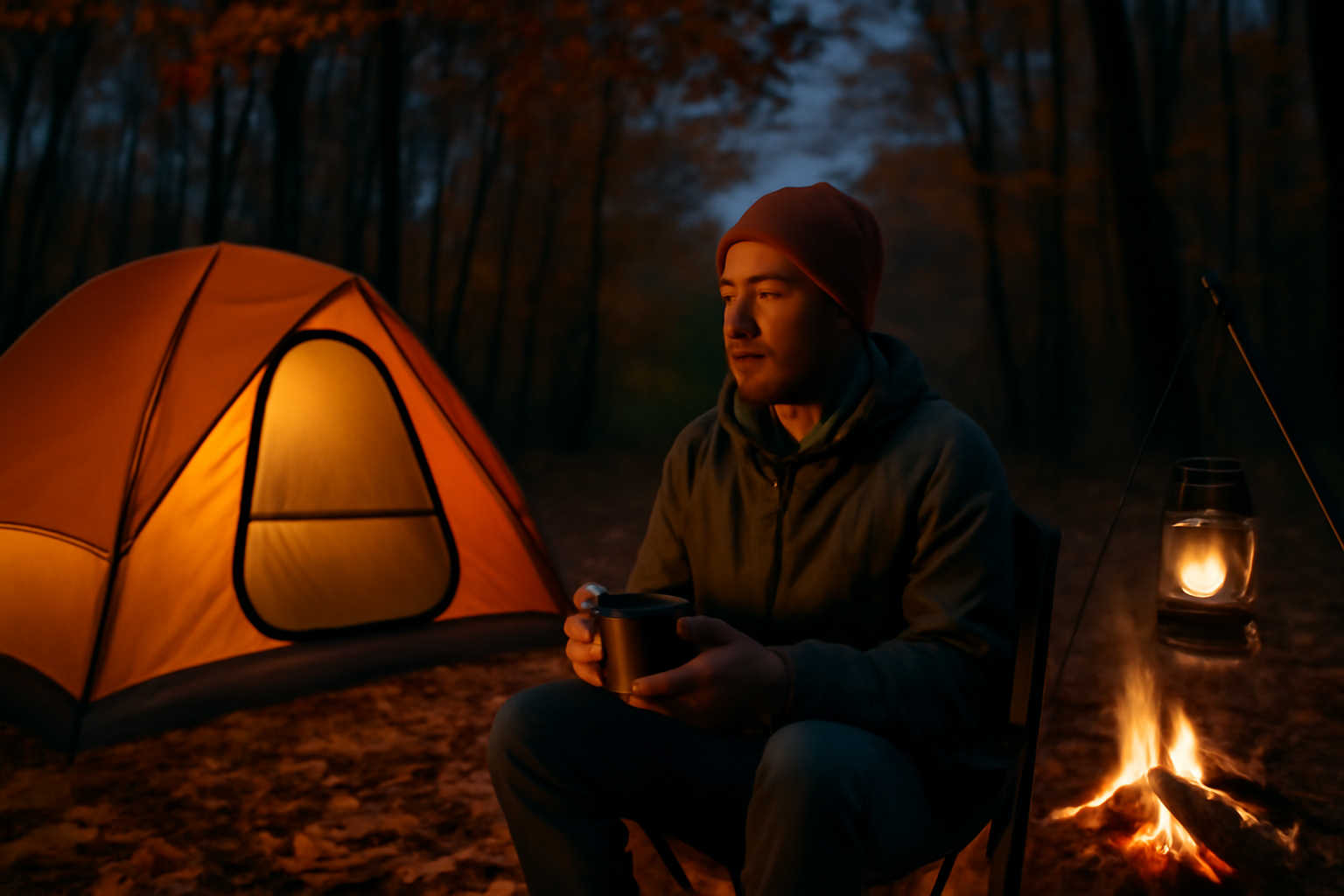 キャンプの夕方、軽装で焙煎豆を持ちゆったりコーヒーを楽しむ情景を描いた写真