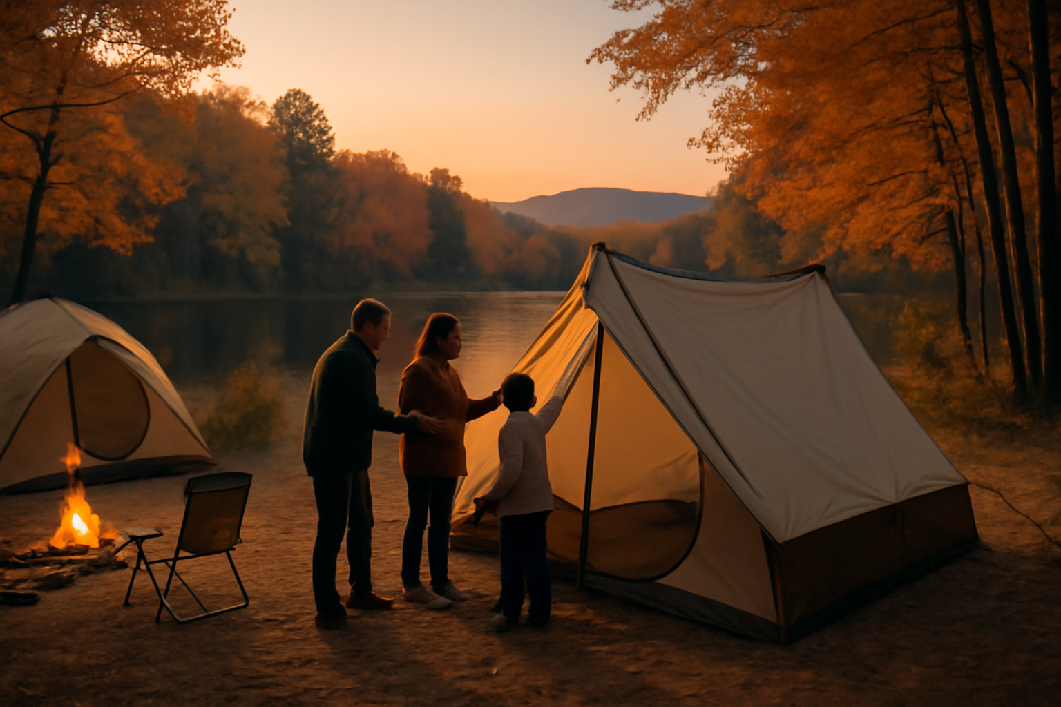キャンプ 喬木村の教室をイメージした夕暮れのサイト風景。家族がシェルターを確認している様子を広角で撮影した写真