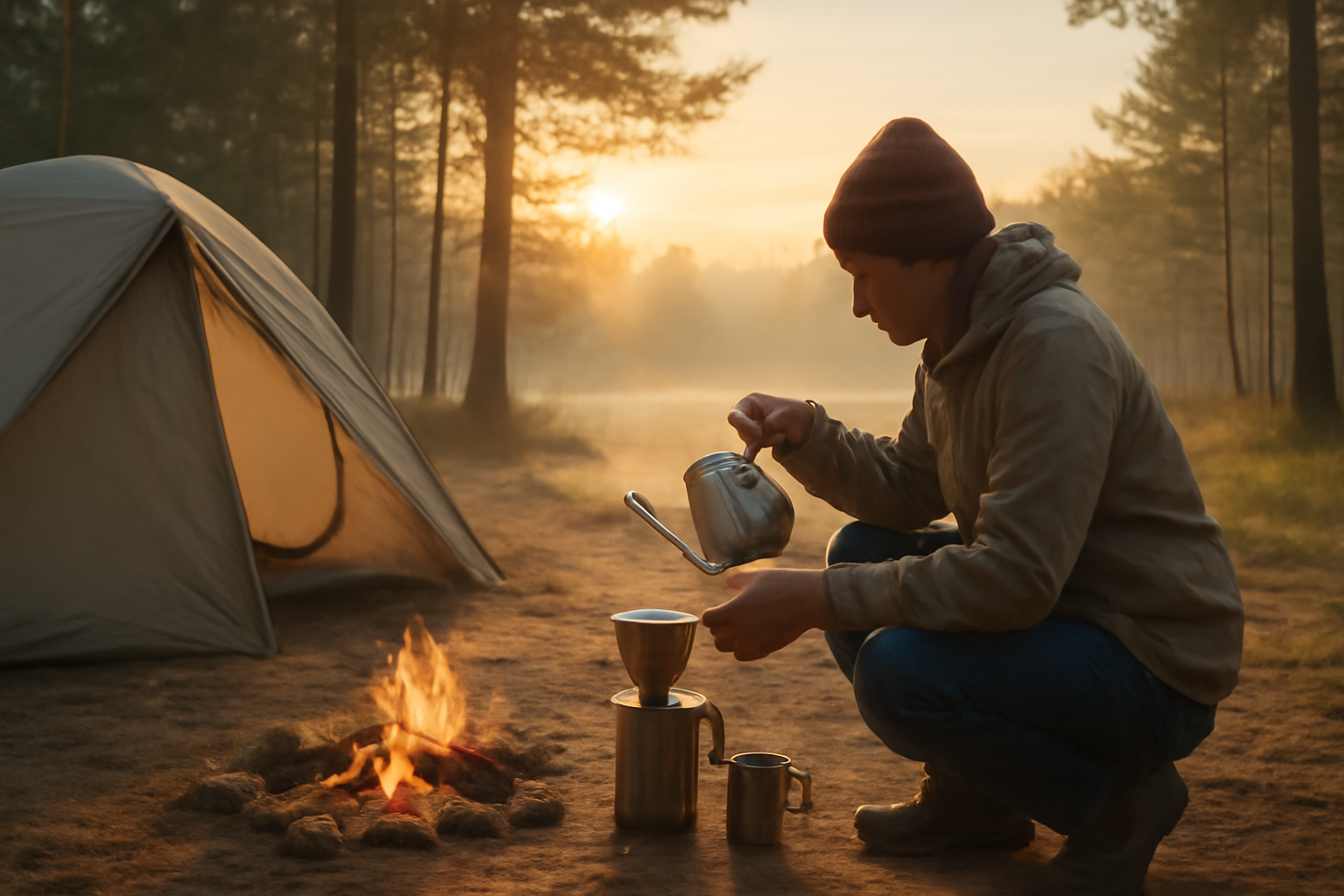 アウトドア 朝の焙煎所前でコーヒーを淹れる様子を表現した写真