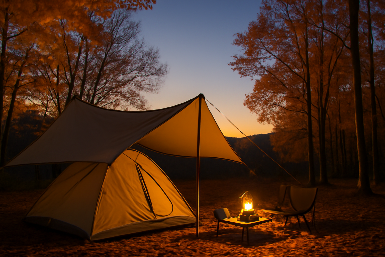 タープ 秋の夕暮れ、ランタンの灯りで安心感を与えるサイトの風景