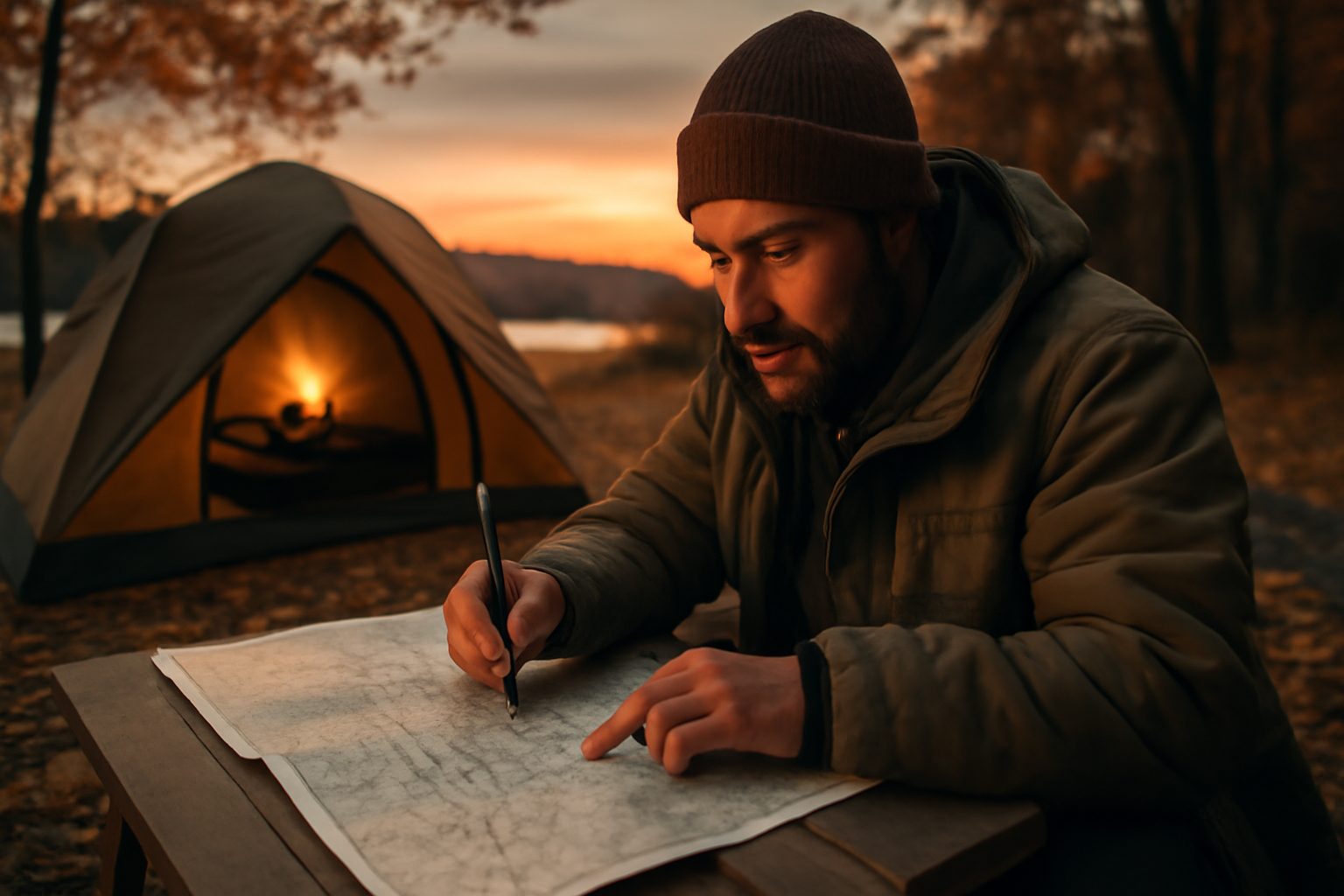 キャンプ 代替プランを準備する様子。秋の夕暮れ、広角で落ち着いた雰囲気を描写。