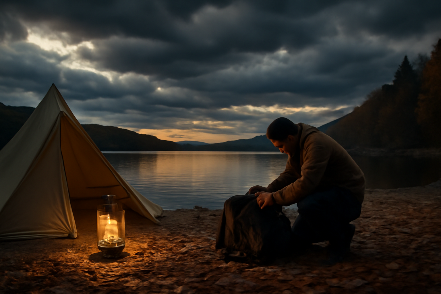 HK500 を使うか迷う荒天前の湖畔。夕暮れの雲の下、安全を優先して撤収準備を進める様子を横長で切り取る。