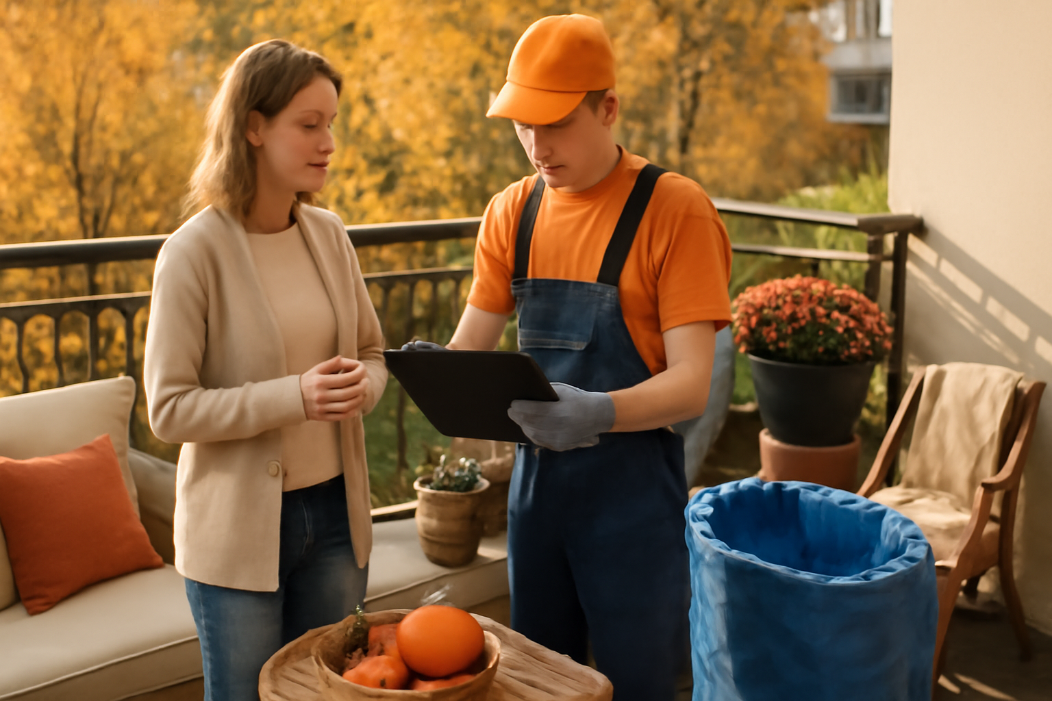 ベランピング:簡単に片付けられるよう、業者と相談している様子。次の行動への安心感を表すビジュアル。